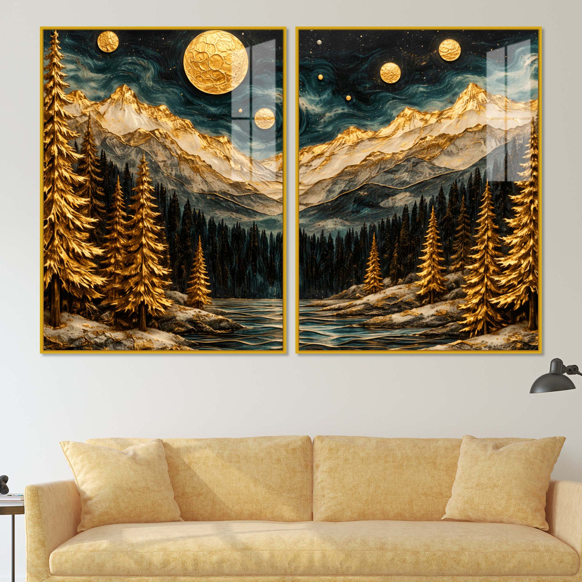 Beautiful Golden Full Moon Mountain & Forest Acrylic Floating Wall Painting Set of 2