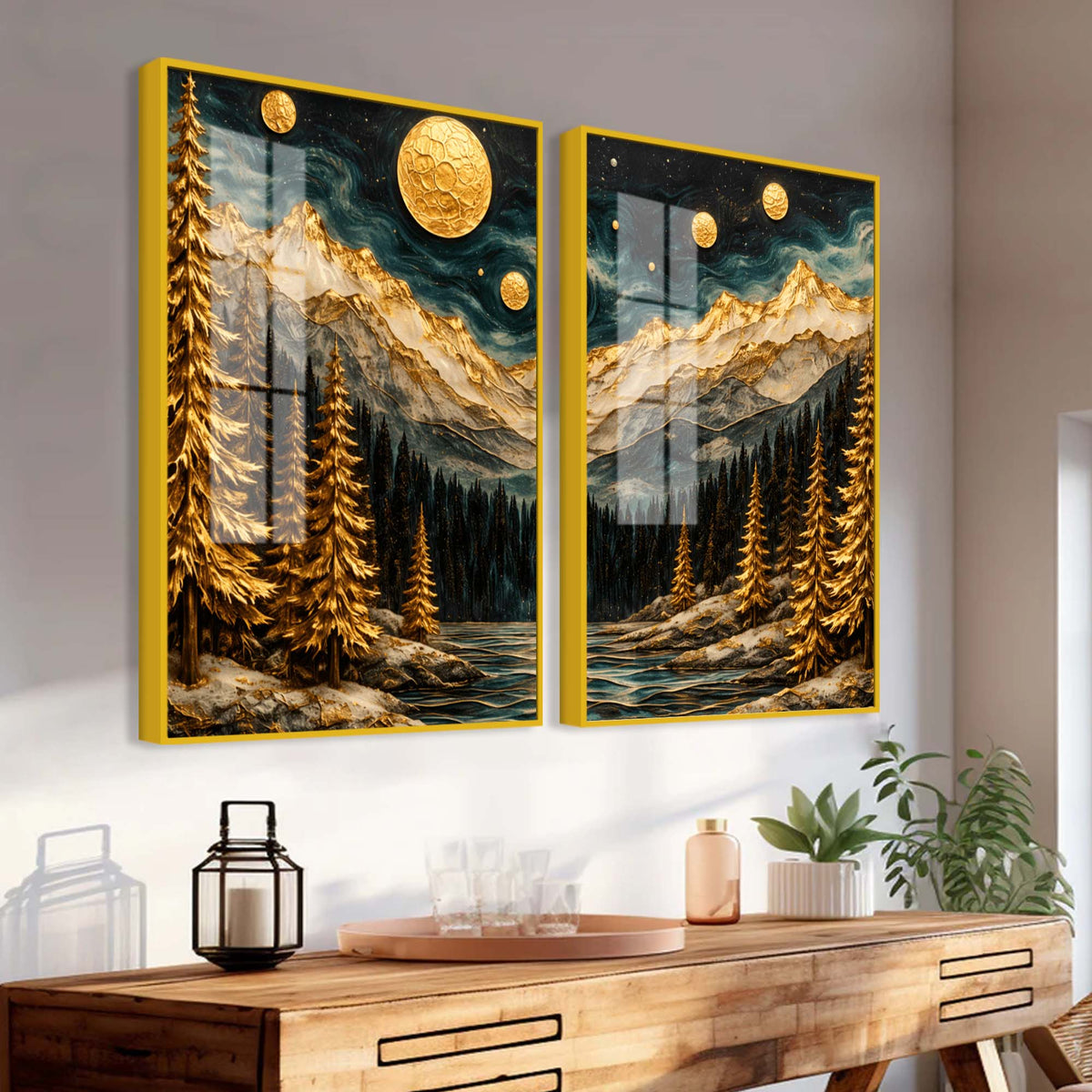 Beautiful Golden Full Moon Mountain & Forest Acrylic Floating Wall Painting Set of 2