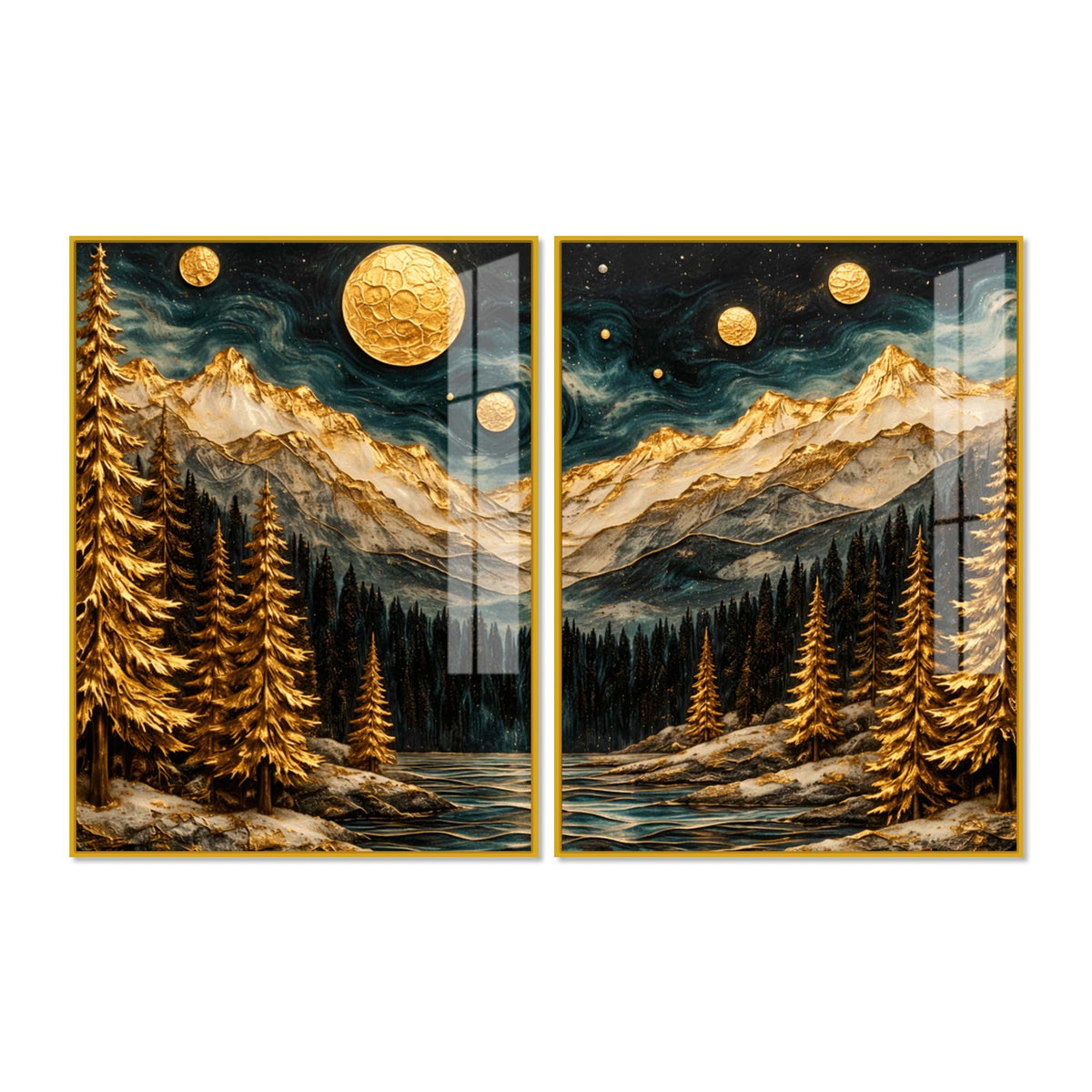 Beautiful Golden Full Moon Mountain & Forest Acrylic Floating Wall Painting Set of 2