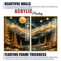 Beautiful Golden Full Moon Mountain & Forest Acrylic Floating Wall Painting Set of 2