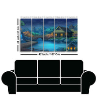 Beautiful Japanese Courtyard at Night Canvas Wall Painting of Five Pieces