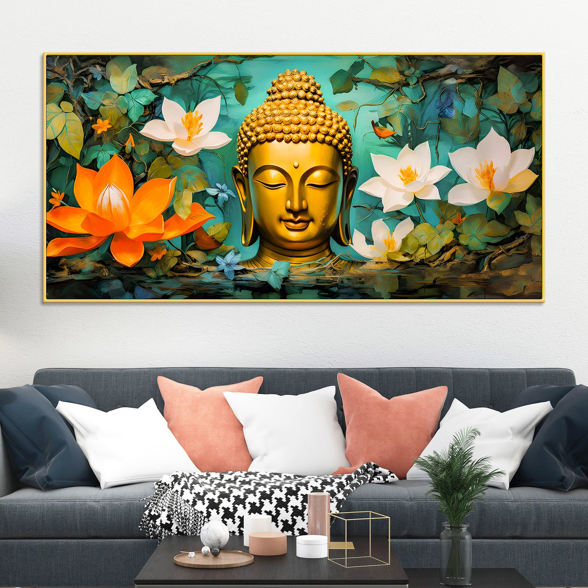 Beautiful Lord Buddha Painting with Lotus Floral Design
