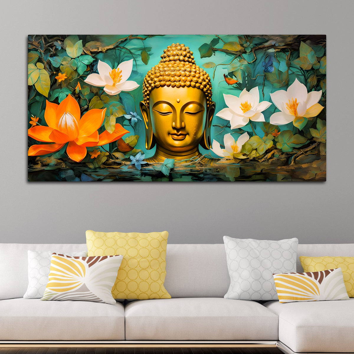 Beautiful Lord Buddha Painting with Lotus Floral Design