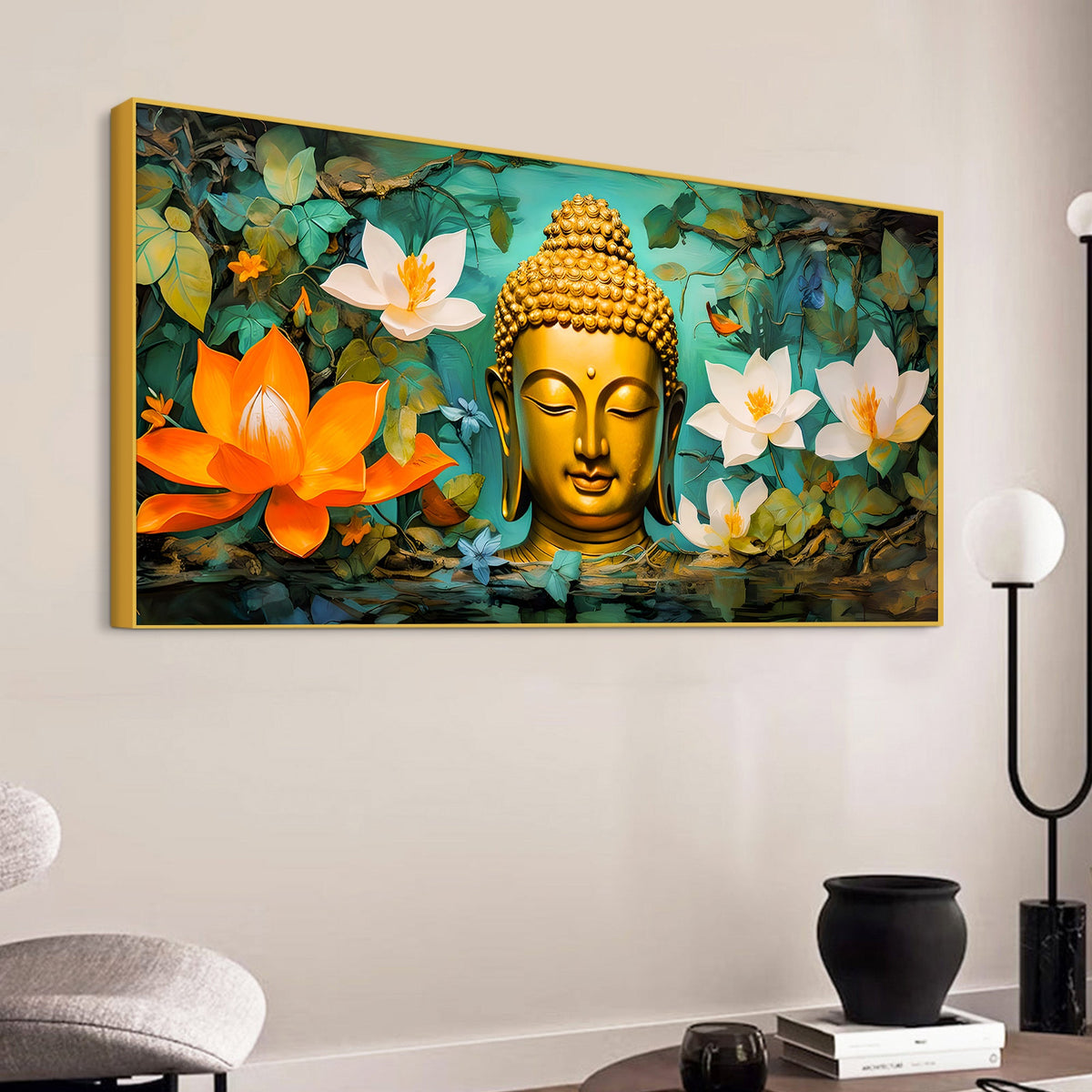 Beautiful Lord Buddha Painting with Lotus Floral Design