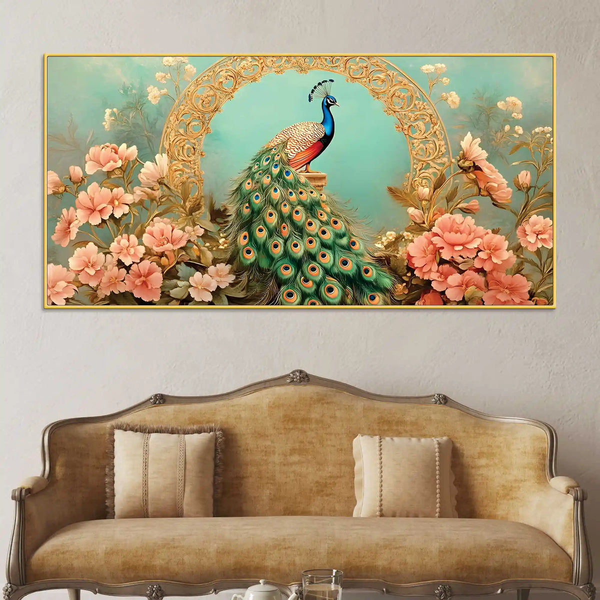 Beautiful Royal Blue Peacock in Pink Blossom Garden Canvas Wall Painting