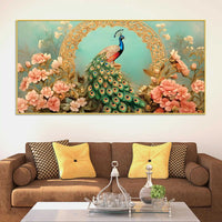 Beautiful Royal Blue Peacock in Pink Blossom Garden Canvas Wall Painting