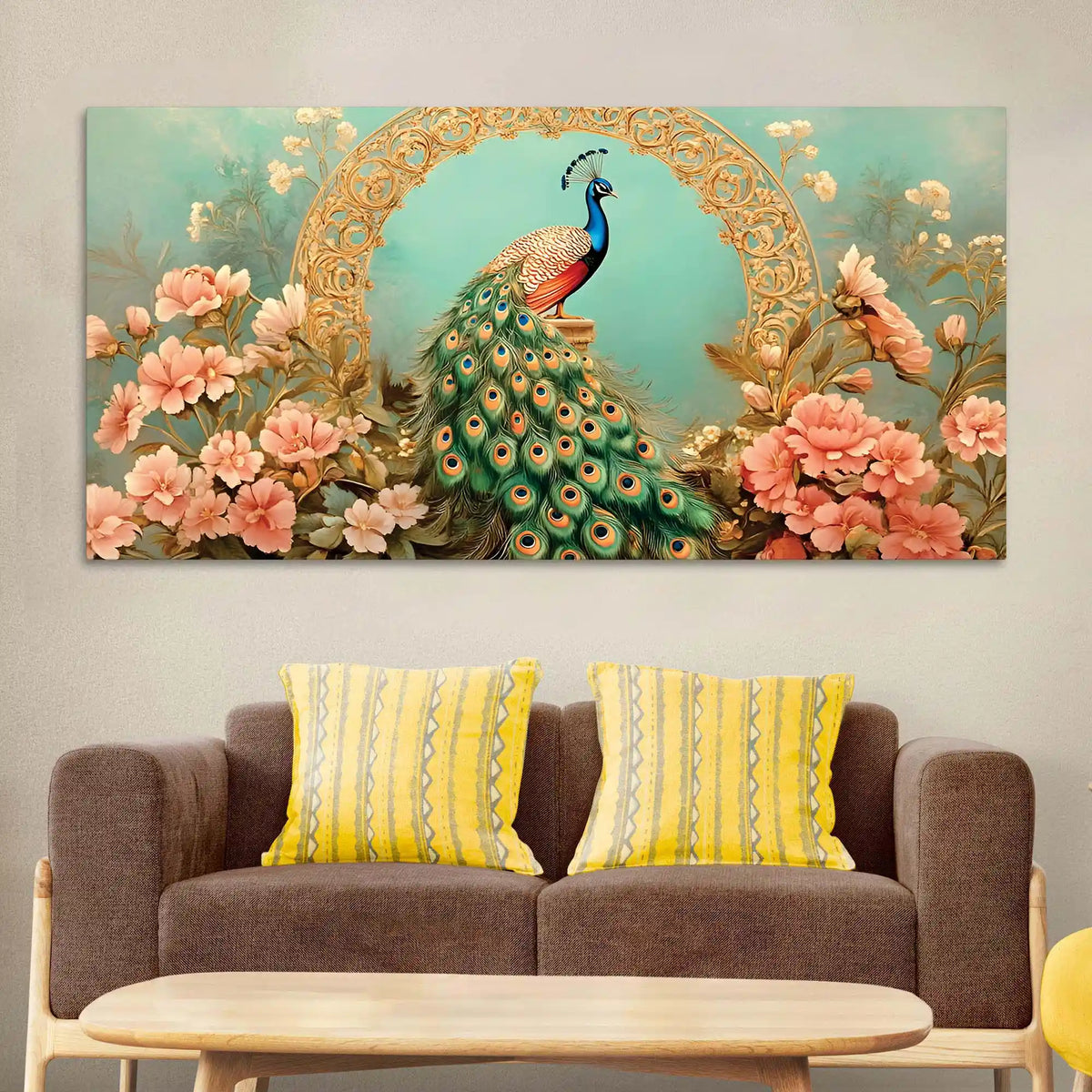 Beautiful Royal Blue Peacock in Pink Blossom Garden Canvas Wall Painting