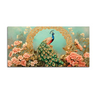Beautiful Royal Blue Peacock in Pink Blossom Garden Canvas Wall Painting