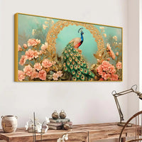 Beautiful Royal Blue Peacock in Pink Blossom Garden Canvas Wall Painting