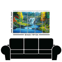 Beautiful Scenery of Waterfall in Forest Canvas Wall Painting Set of Five