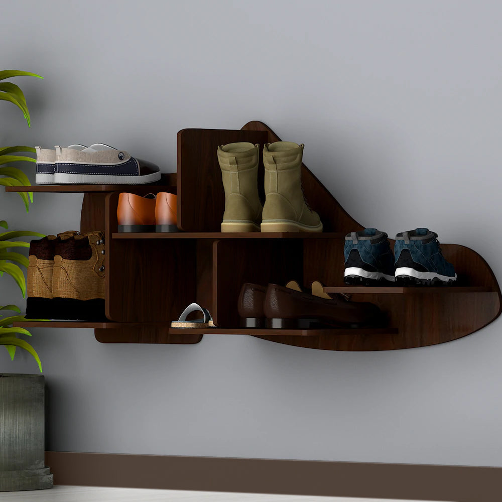 Beautiful Shoe Shape Designer Wooden Wall Shelf /Men's Shoe Shelf, Walnut Finish