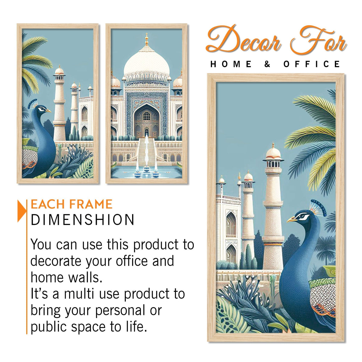 Beautiful View of Taj Mahal Classic Art Wooden Wall Frame Set of Three