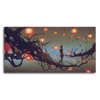 Beautiful Wall Painting of Man Walking on Tree with many Lanterns Background