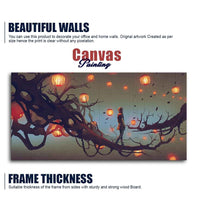 Beautiful Wall Painting of Man Walking on Tree with many Lanterns Background