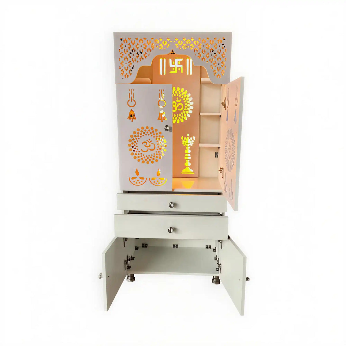 Beautiful White Wooden Floor Temple for Home & Office with LED Swastik OM Panel Drawer & Cabinet Storage