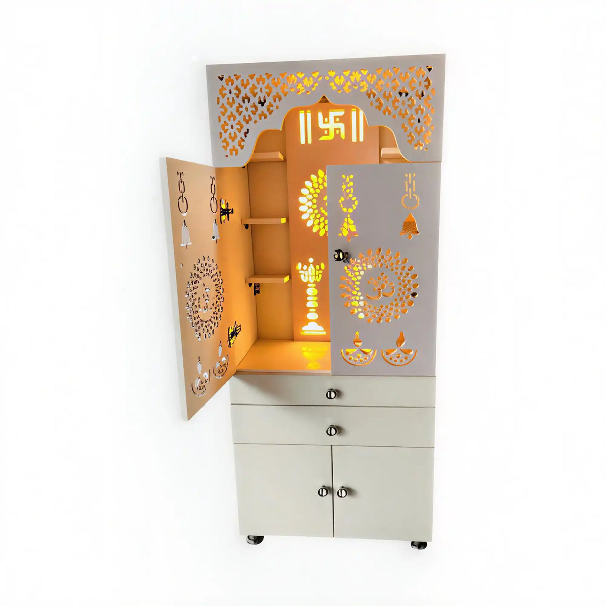Beautiful White Wooden Floor Temple for Home & Office with LED Swastik OM Panel Drawer & Cabinet Storage