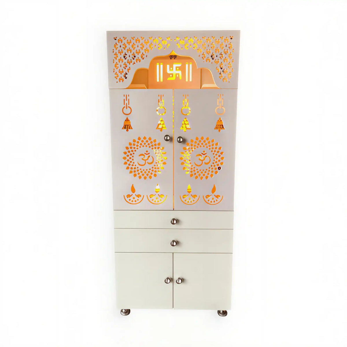 Beautiful White Wooden Floor Temple for Home & Office with LED Swastik OM Panel Drawer & Cabinet Storage