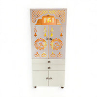 Beautiful White Wooden Floor Temple for Home & Office with LED Swastik OM Panel Drawer & Cabinet Storage