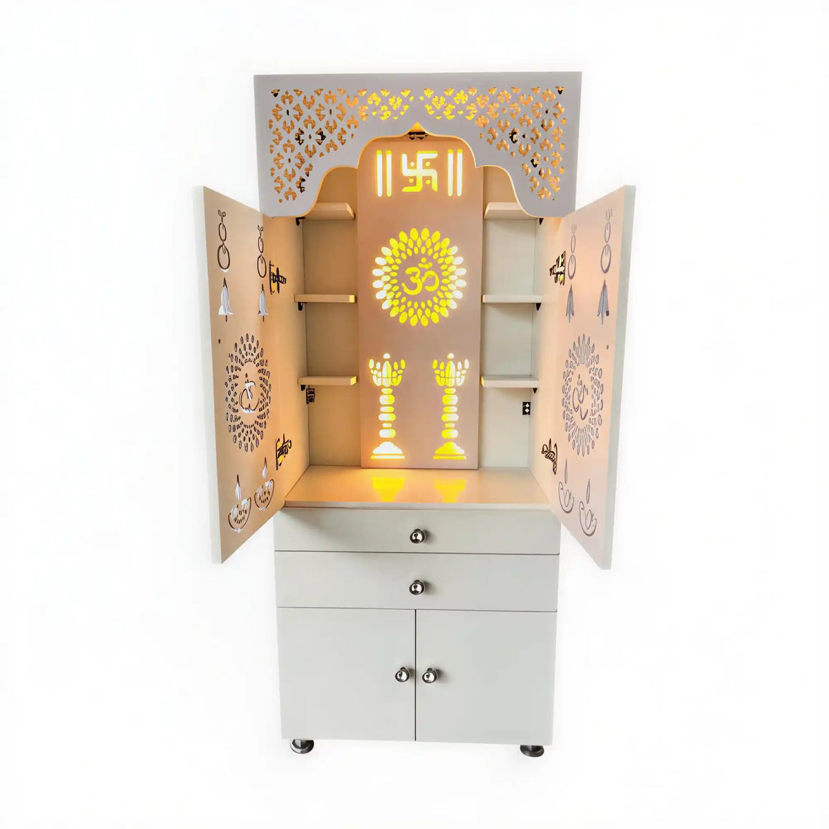 Beautiful White Wooden Floor Temple for Home & Office with LED Swastik OM Panel Drawer & Cabinet Storage