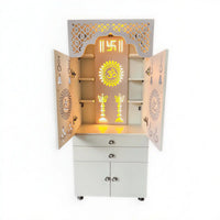 Beautiful White Wooden Floor Temple for Home & Office with LED Swastik OM Panel Drawer & Cabinet Storage