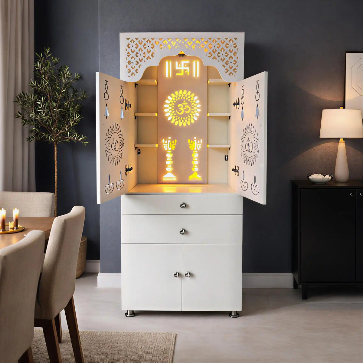 Beautiful White Wooden Floor Temple for Home & Office with LED Swastik OM Panel Drawer & Cabinet Storage