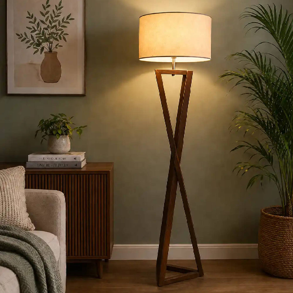 Wooden Floor Lamp With Delight Crossed Stand For Living Room, Bedroom