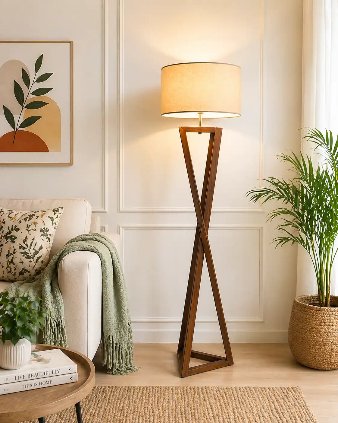 Wooden Floor Lamp With Delight Crossed Stand For Living Room, Bedroom