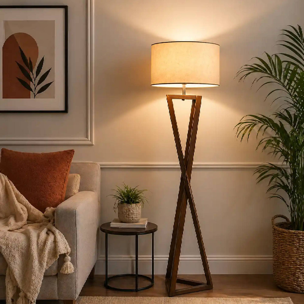 Wooden Floor Lamp With Delight Crossed Stand For Living Room, Bedroom