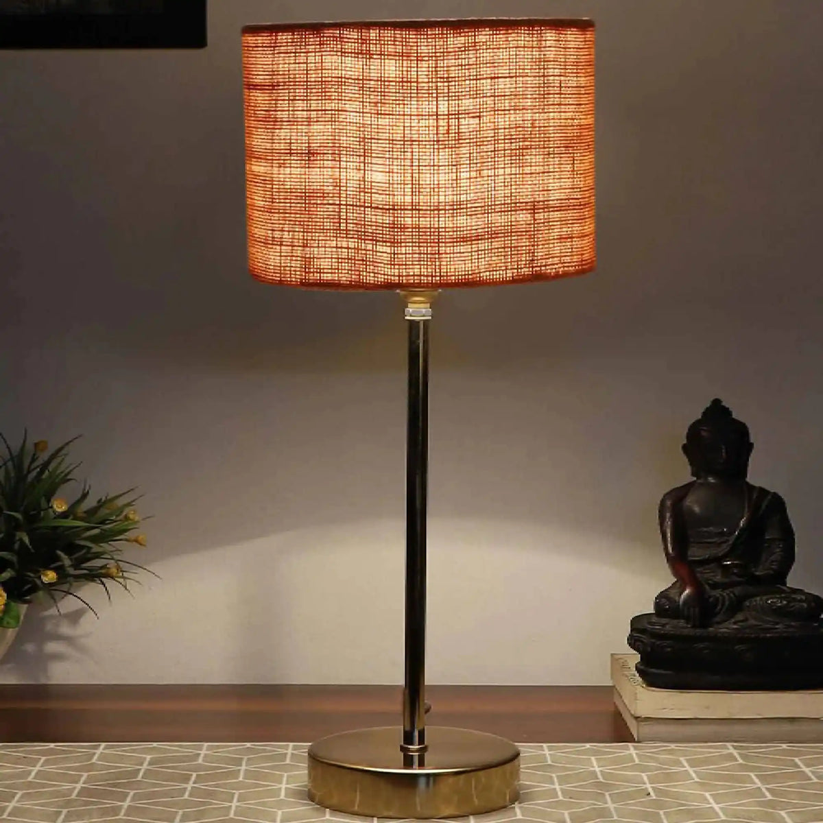 Beige Textured Cotton Metal Golden Finish Table Lamp