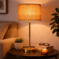 Beige Textured Cotton Metal Golden Finish Table Lamp