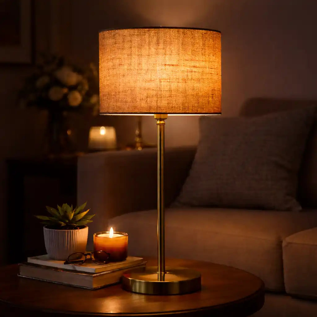 Beige Textured Cotton Metal Golden Finish Table Lamp