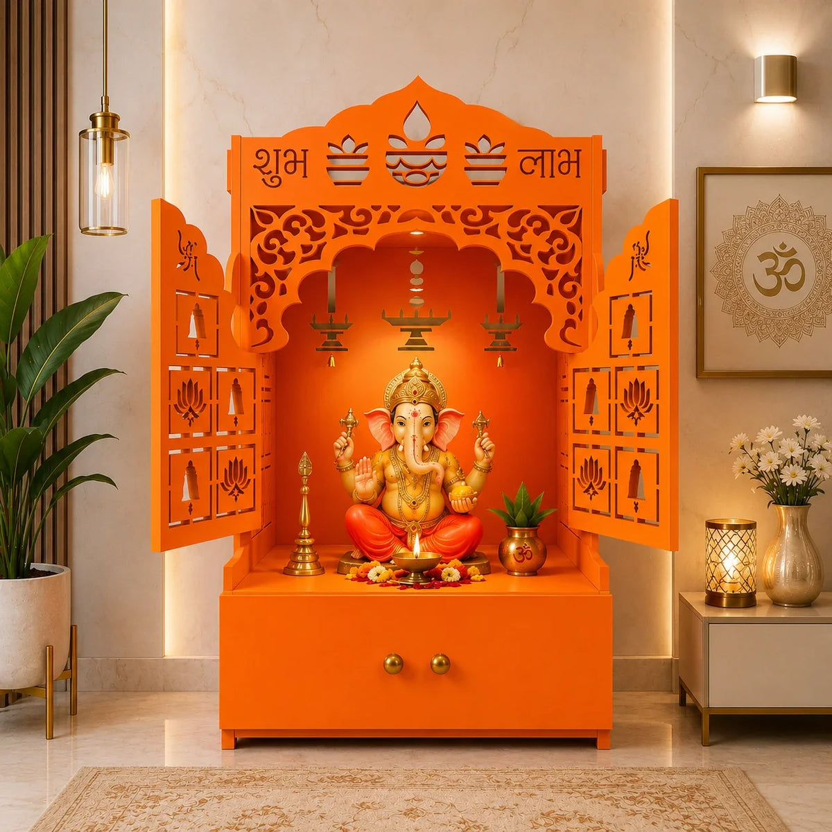 Bhagwa Wooden Floor Pooja Mandir with Laser-Cut Lotus & Bell Doors Shubh Labh Design Hanging Diya Motifs & Storage Cabinet