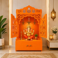Bhagwa Wooden Floor Pooja Mandir with Laser-Cut Lotus & Bell Doors Shubh Labh Design Hanging Diya Motifs & Storage Cabinet