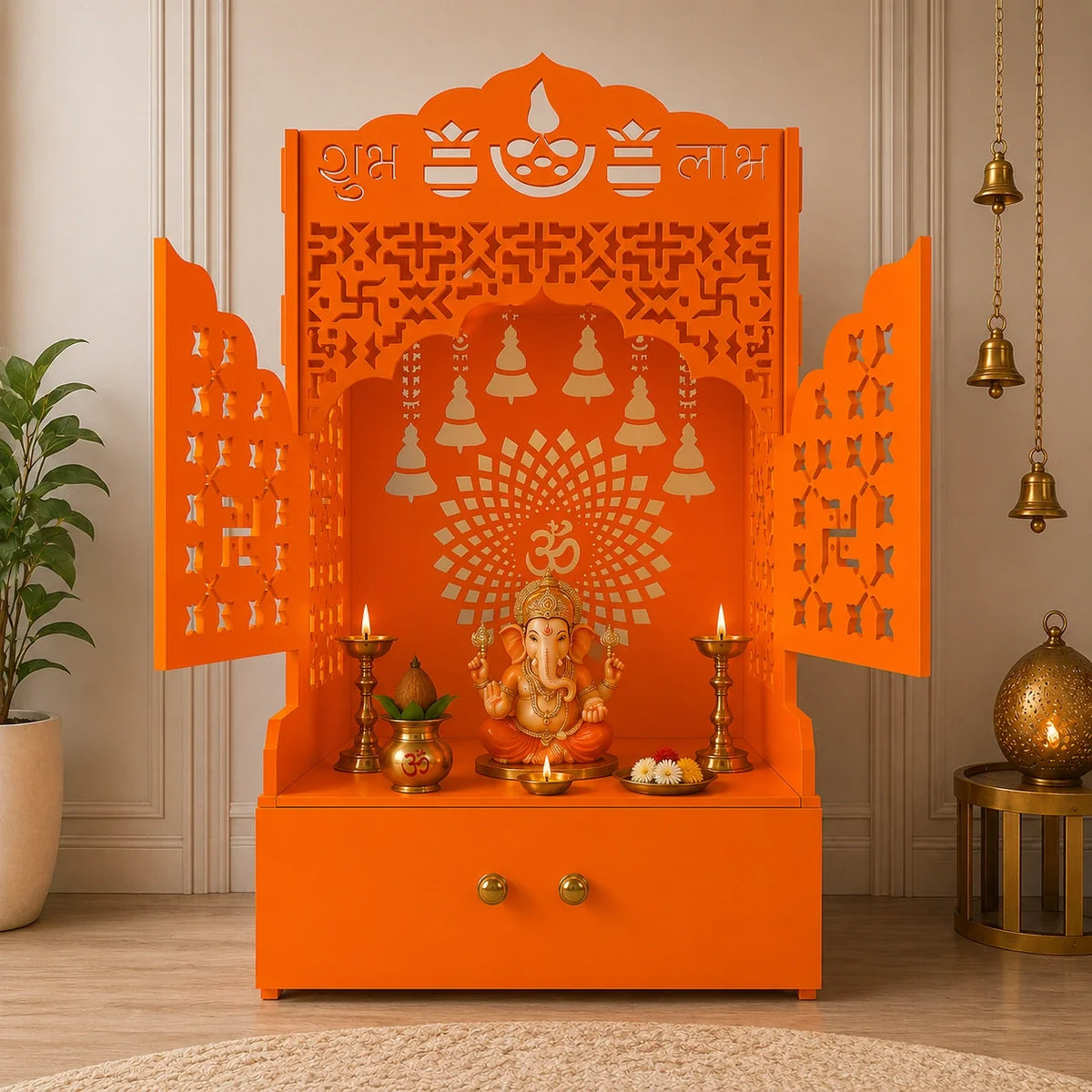 Bhagwa Wooden Floor Pooja Mandir with Laser-Cut Om & Shubh Labh Motif Doors with Storage Cabinet