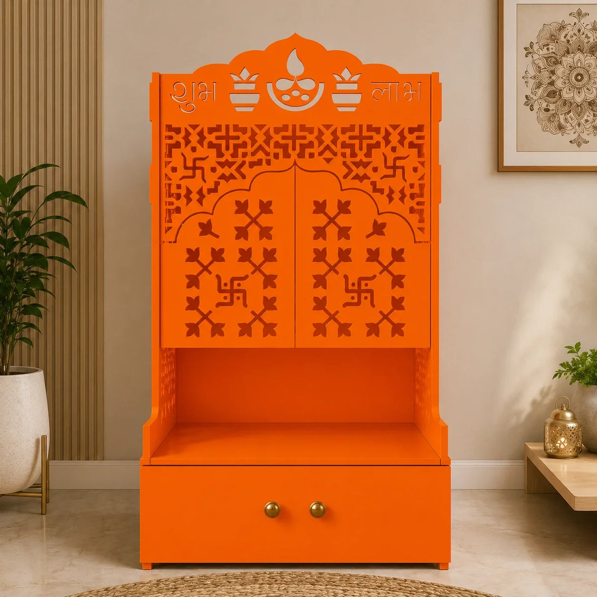 Bhagwa Wooden Floor Pooja Mandir with Laser-Cut Om & Shubh Labh Motif Doors with Storage Cabinet
