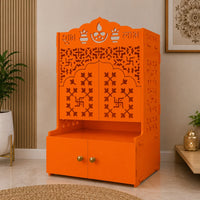 Bhagwa Wooden Floor Pooja Mandir with Laser-Cut Om & Shubh Labh Motif Doors with Storage Cabinet