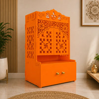 Bhagwa Wooden Floor Pooja Mandir with Laser-Cut Om & Shubh Labh Motif Doors with Storage Cabinet
