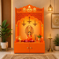 Bhagwa Wooden Floor Pooja Mandir with Shubh Labh Design Floral & Peacock Feather Motifs Laser-Cut Panels & Storage Cabinet