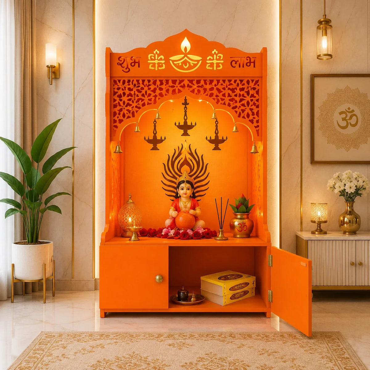 Bhagwa Wooden Floor Pooja Mandir with Shubh Labh Design Floral & Peacock Feather Motifs Laser-Cut Panels & Storage Cabinet