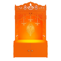 Bhagwa Wooden Floor Pooja Mandir with Shubh Labh Design Floral & Peacock Feather Motifs Laser-Cut Panels & Storage Cabinet