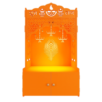 Bhagwa Wooden Floor Pooja Mandir with Shubh Labh Design Floral & Peacock Feather Motifs Laser-Cut Panels & Storage Cabinet