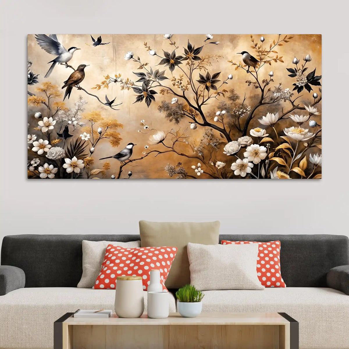 Birds and Floral Abstract Canvas Painting
