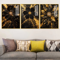 Black & Gold Flora Midnight Bloom Acrylic Floating Wall Painting Set of 3