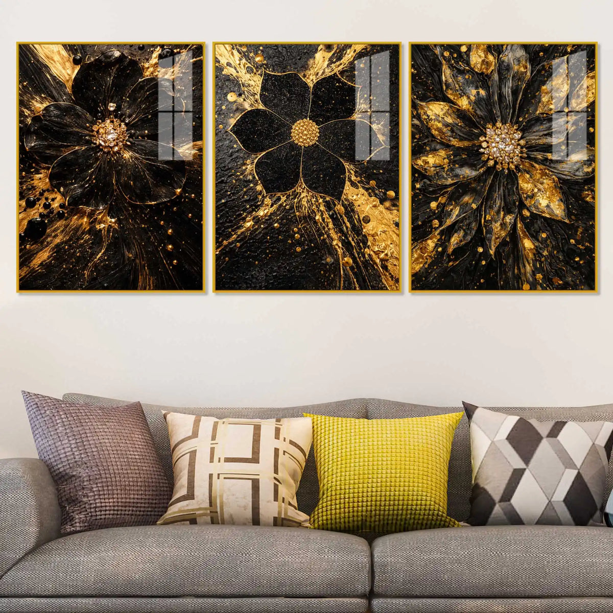 Black & Gold Flora Midnight Bloom Acrylic Floating Wall Painting Set of 3