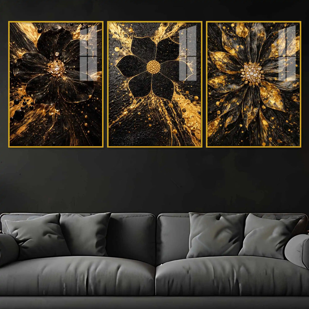 Black & Gold Flora Midnight Bloom Acrylic Floating Wall Painting Set of 3