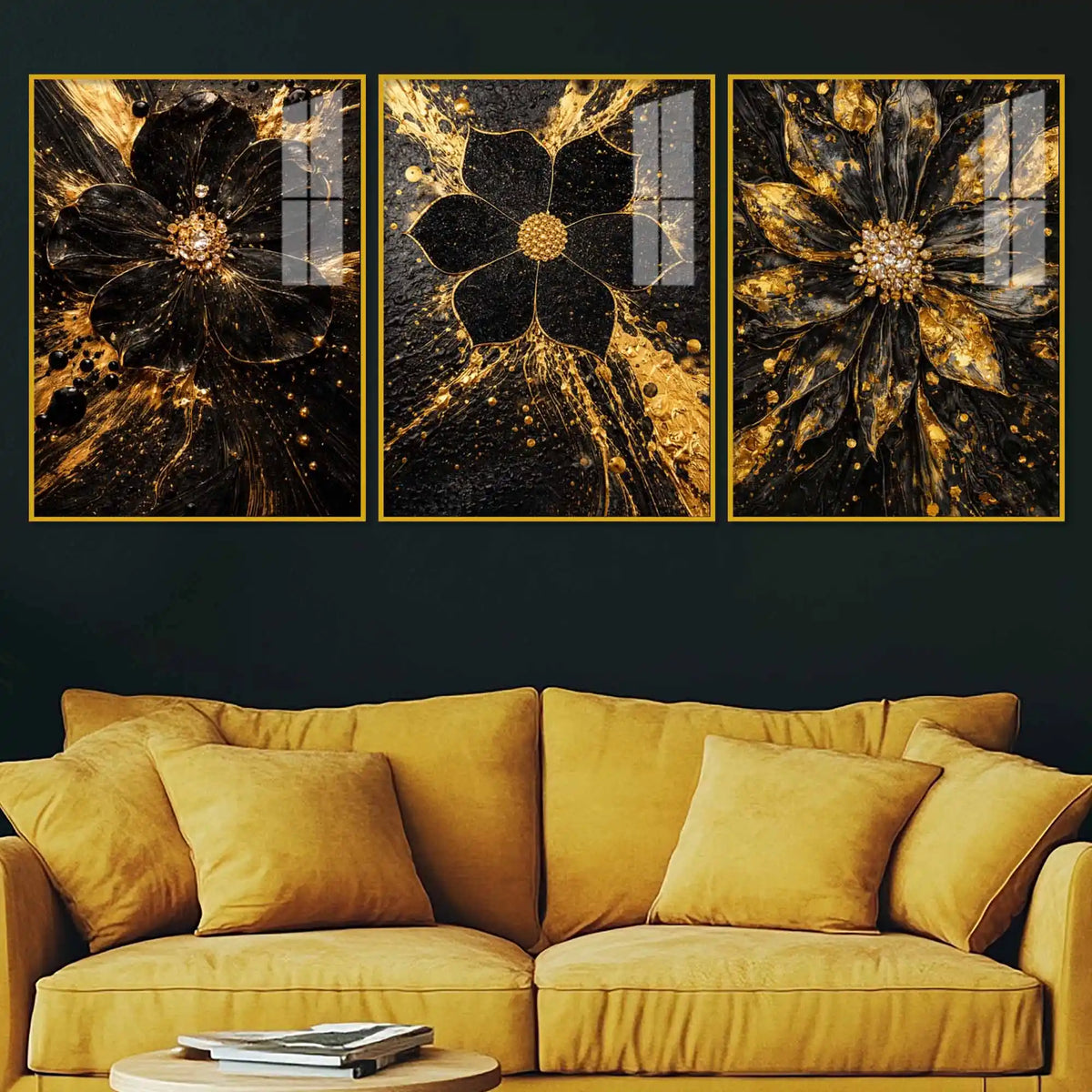 Black & Gold Flora Midnight Bloom Acrylic Floating Wall Painting Set of 3