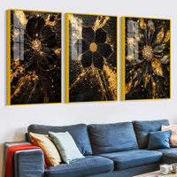 Black & Gold Flora Midnight Bloom Acrylic Floating Wall Painting Set of 3