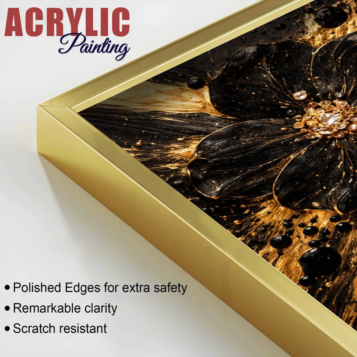 Black & Gold Flora Midnight Bloom Acrylic Floating Wall Painting Set of 3