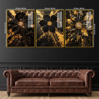 Black & Gold Flora Midnight Bloom Acrylic Floating Wall Painting Set of 3