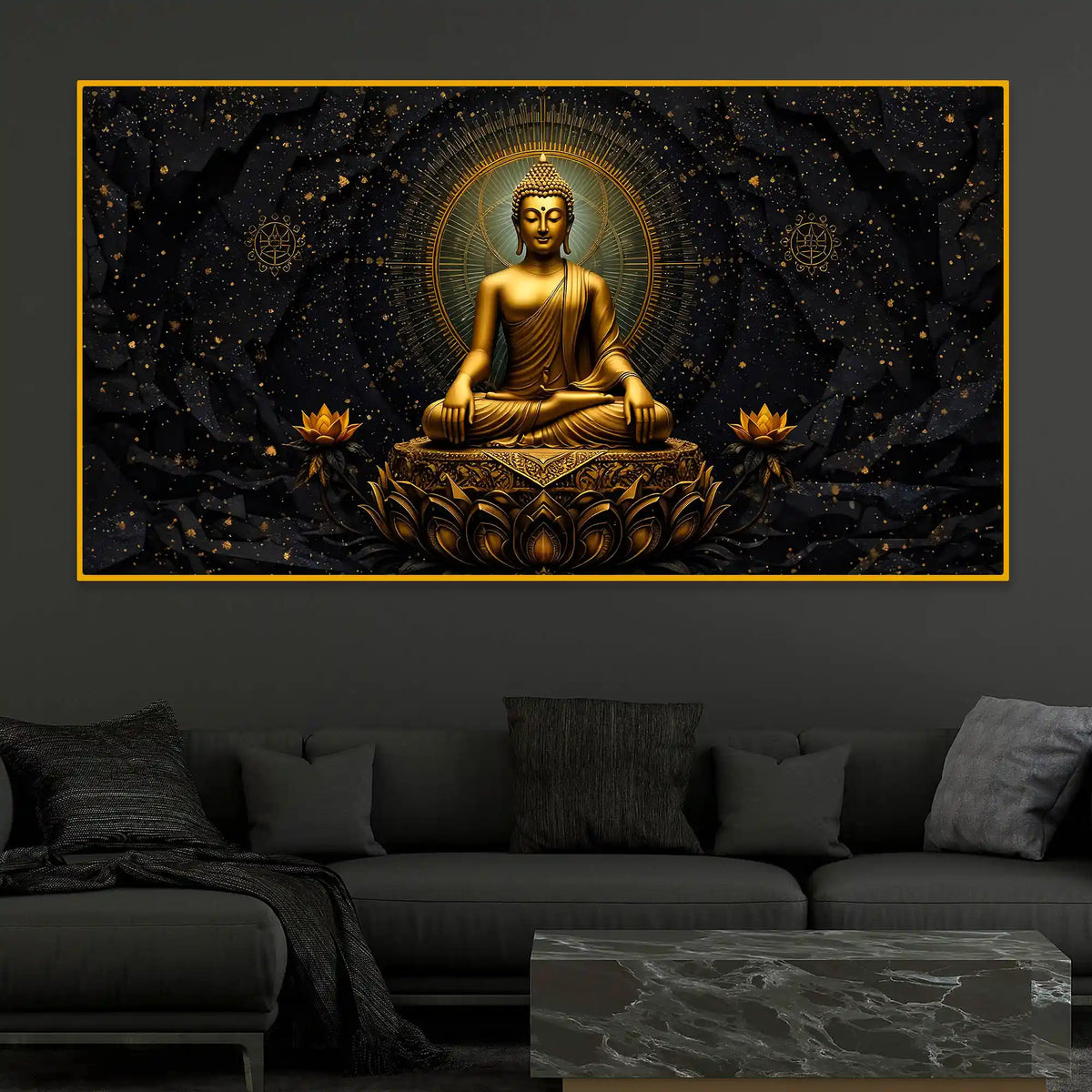 Black Background Buddha Crystal Glass Painting for Meditation Room Décor